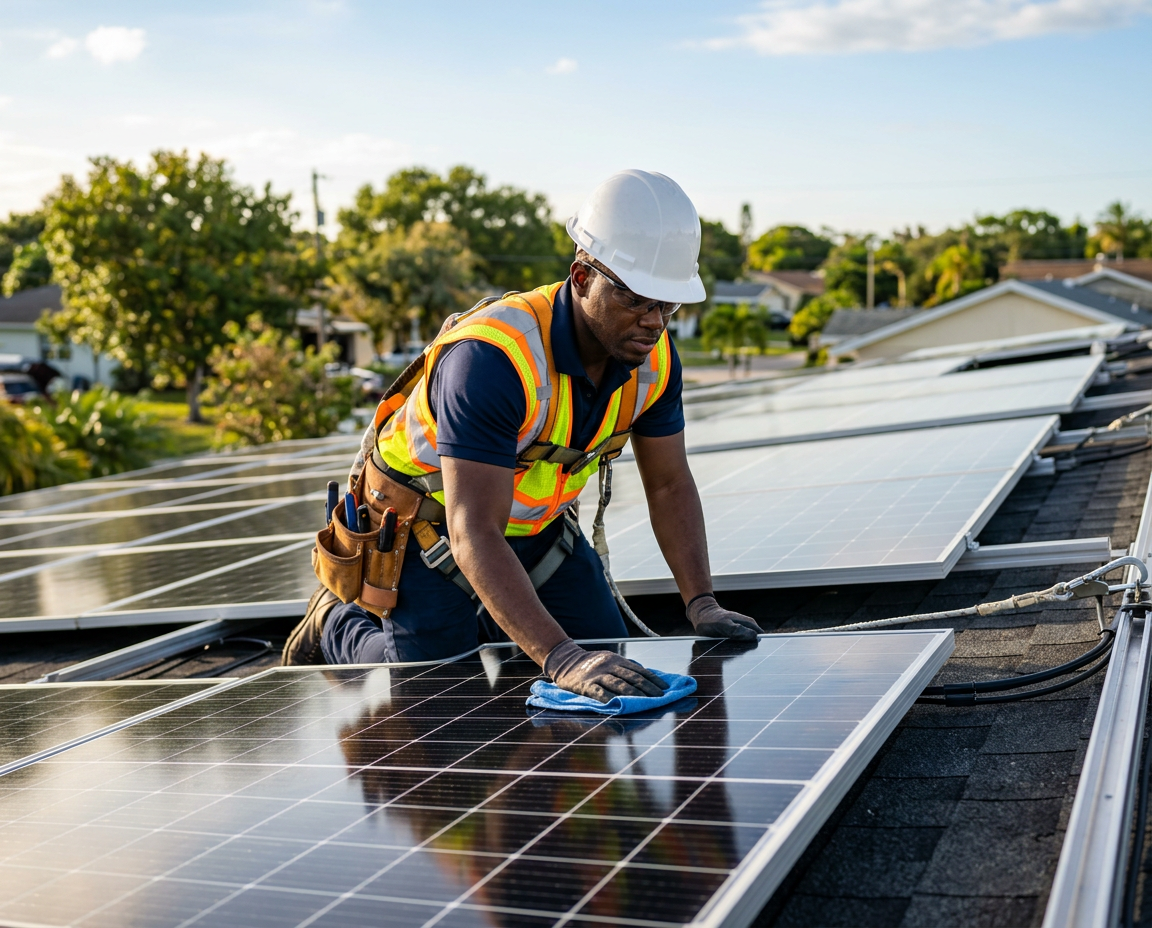 Technician servicing solar panels